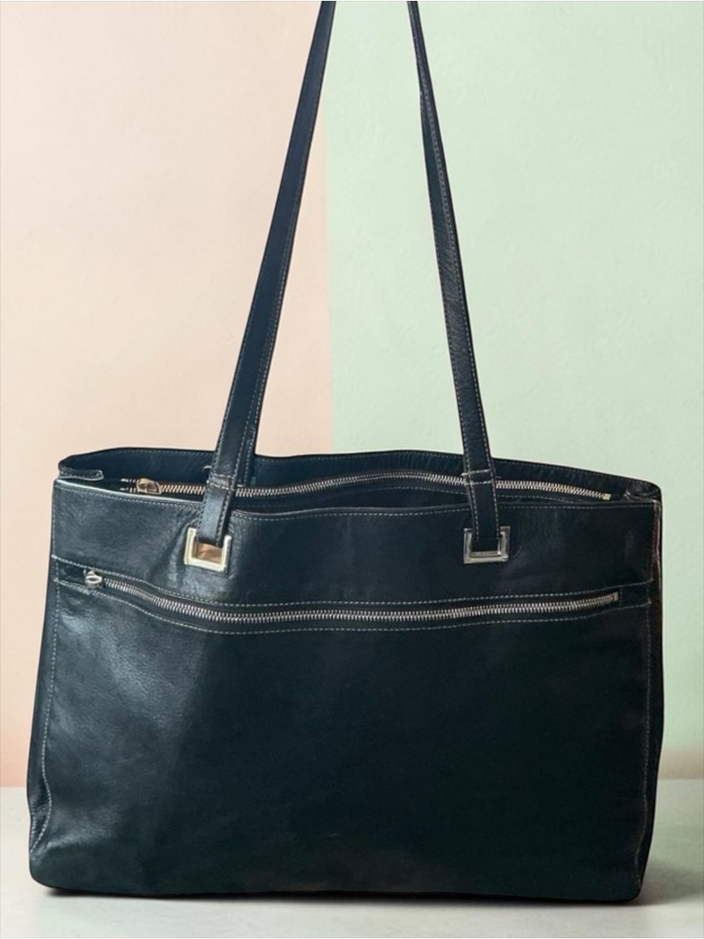 Perlina Soft Leather Tote Shoulder Bag Black Zip Minimalist Work Purse